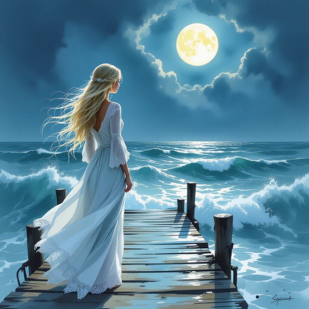 Moonlit Woman on Dock in Watercolor Style
