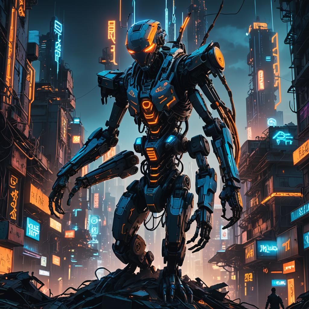 Cyberpunk AI Entity Dominates Ruined Cityscape