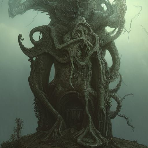 Lovecraftian Monster Perched on Crypt in Dore Style
