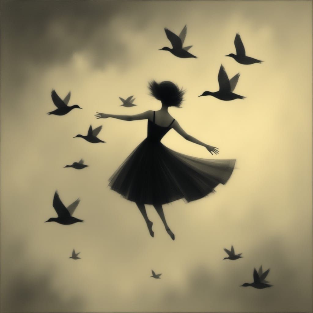 Lady in Evening Dress Flying with Ducks