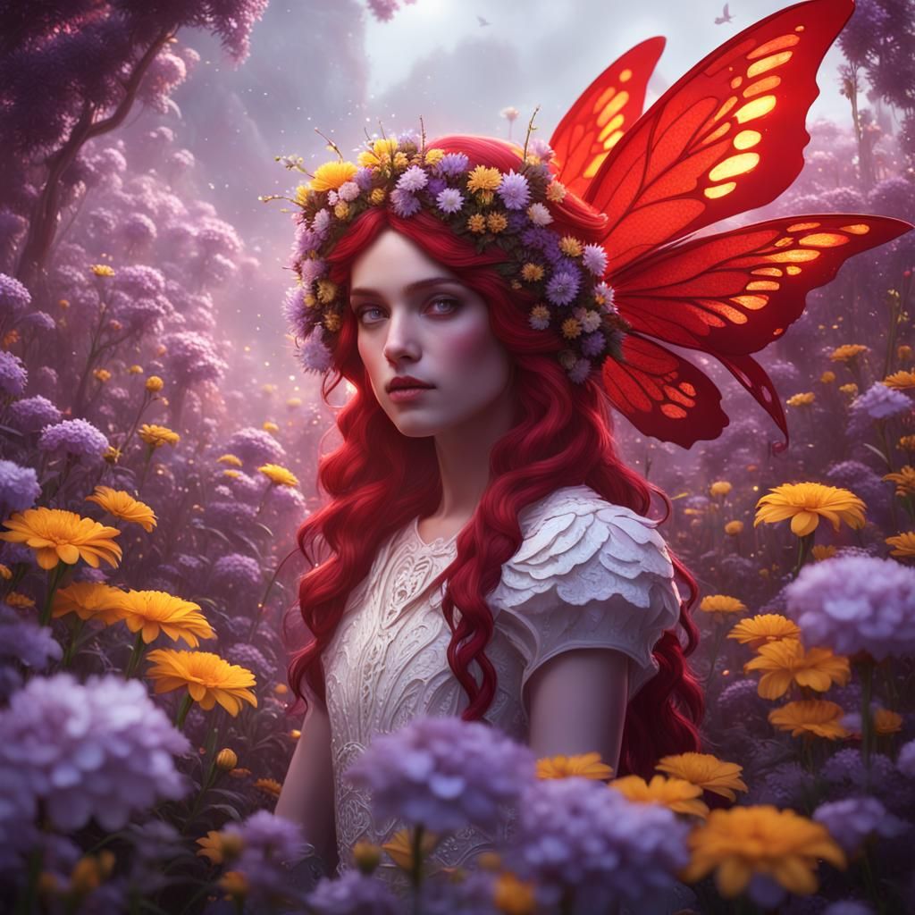 Red Fairy in White Flowers: Dark Fantasy Art