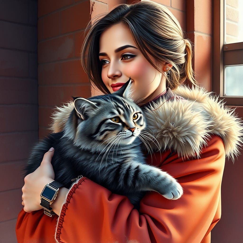 Gentle Woman Adores Gray Tabby Cat in Cozy, Art Nouveau-Insp...