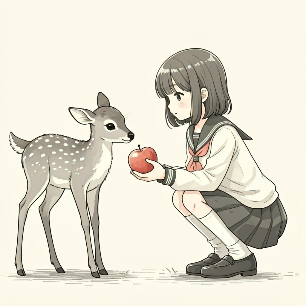 Gentle Anime Deer Receives Apple in Whimsical Watercolor Sty...