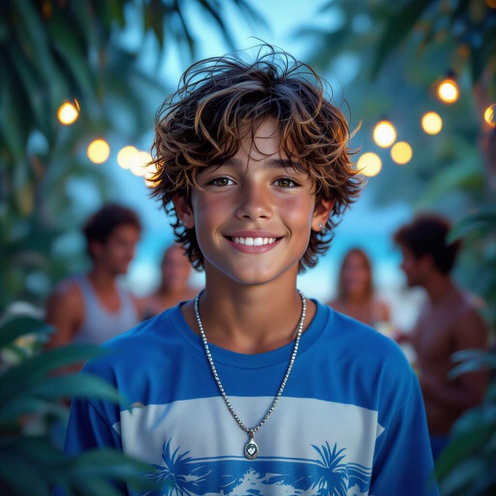 Beach Party Scene with Surfer Boy in Matte Painting Style