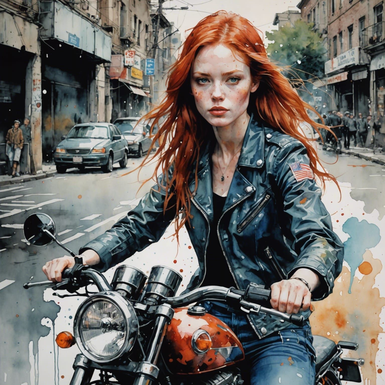 Redhead Girl on Motorcycle in Watercolor Style