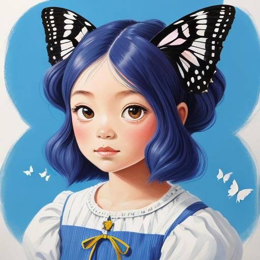 Cute Girl with Butterfly Hair, Gouache Painting