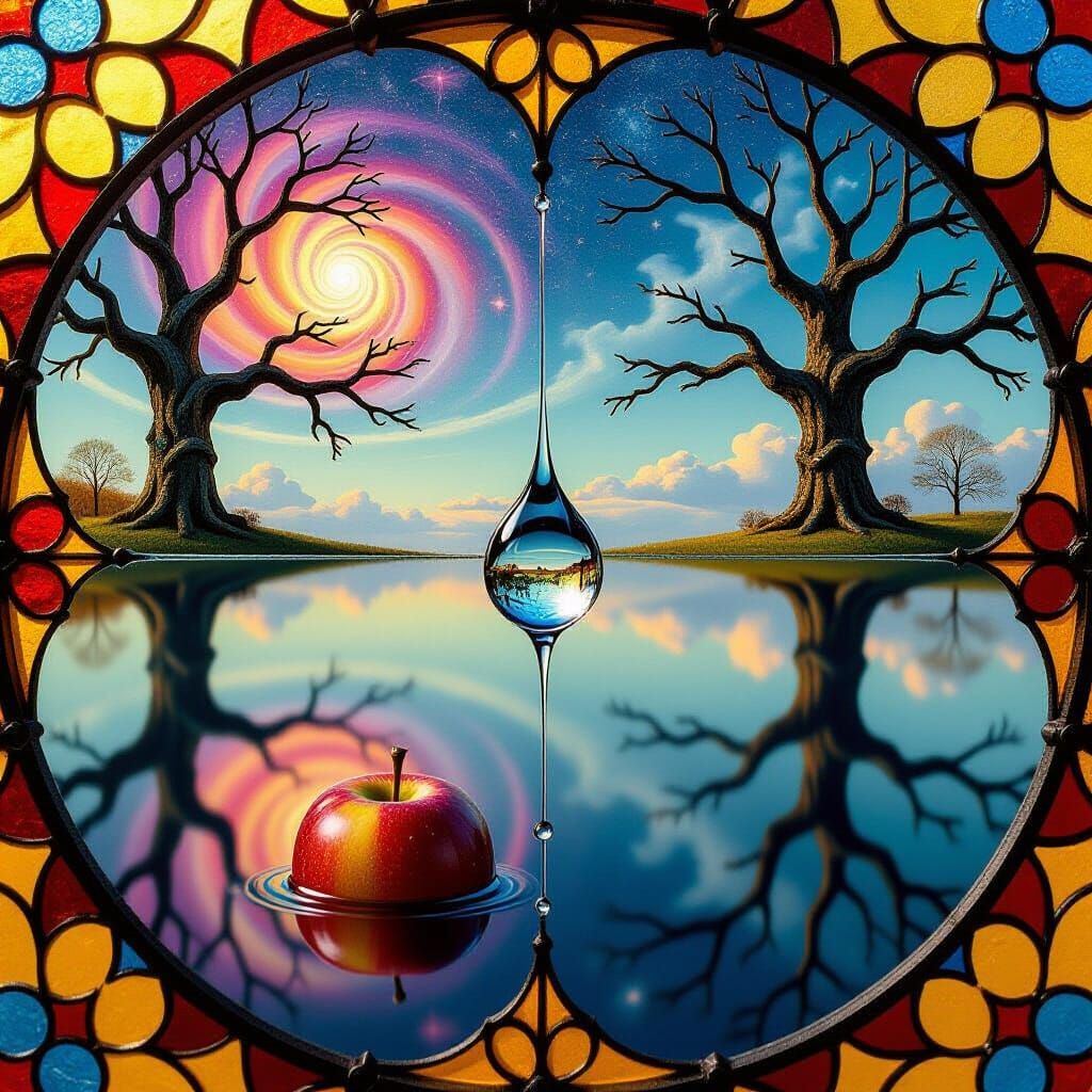 Raindrop Reflecting Surreal Still Life in Psychedelic Art