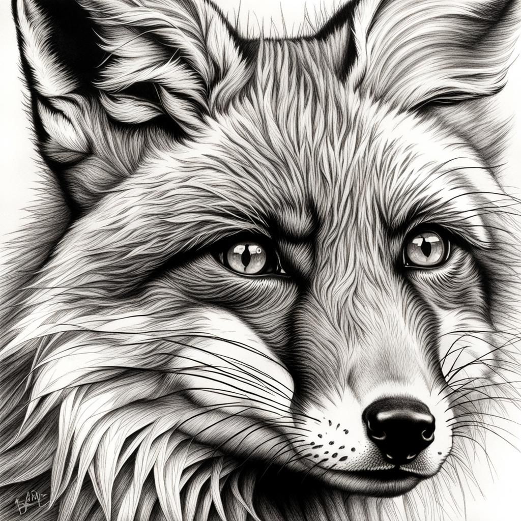Hyperdetailed Charcoal Drawing of a Fox