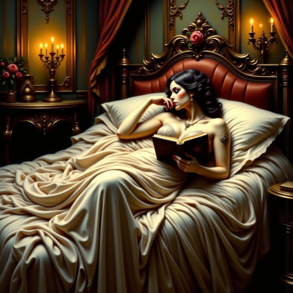 Woman in Lavish 19th-Century Bed Reading a Leather-Bound Boo...