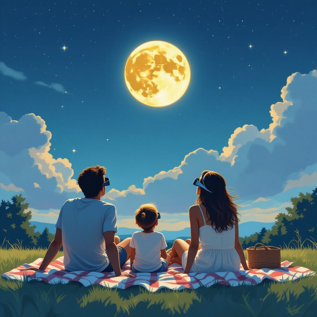 Family Watches Lunar Eclipse in Dreamy Surreal Style
