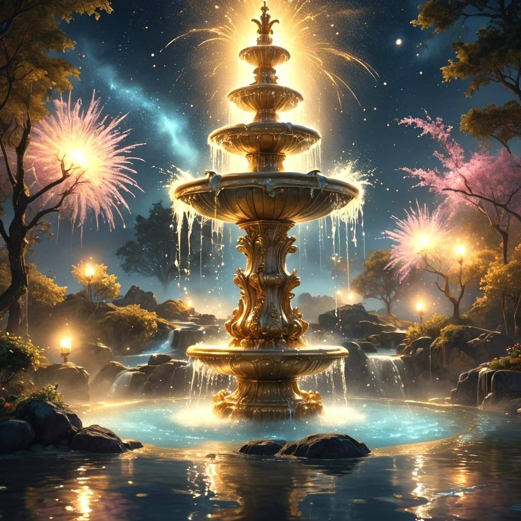 Magical Fountain with Golden Sparks in Fantasy Art Style