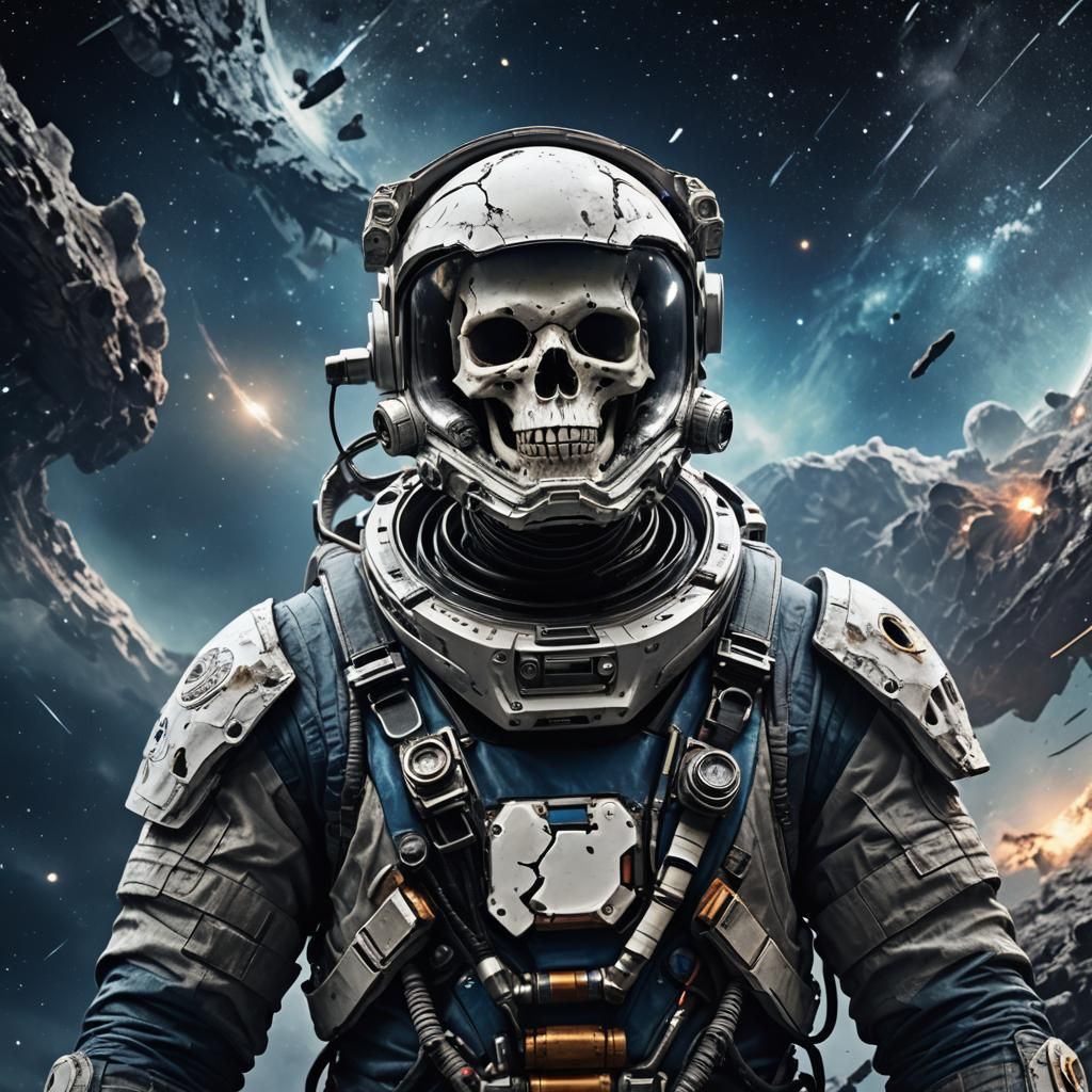 Weathered Spacesuit Reveals Skull in Starry Void