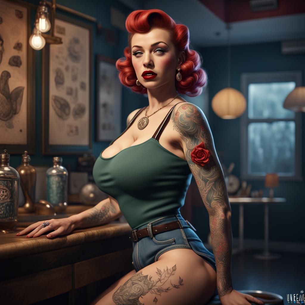 1950s Tattooed Pinup Girl in Hyperrealistic Style