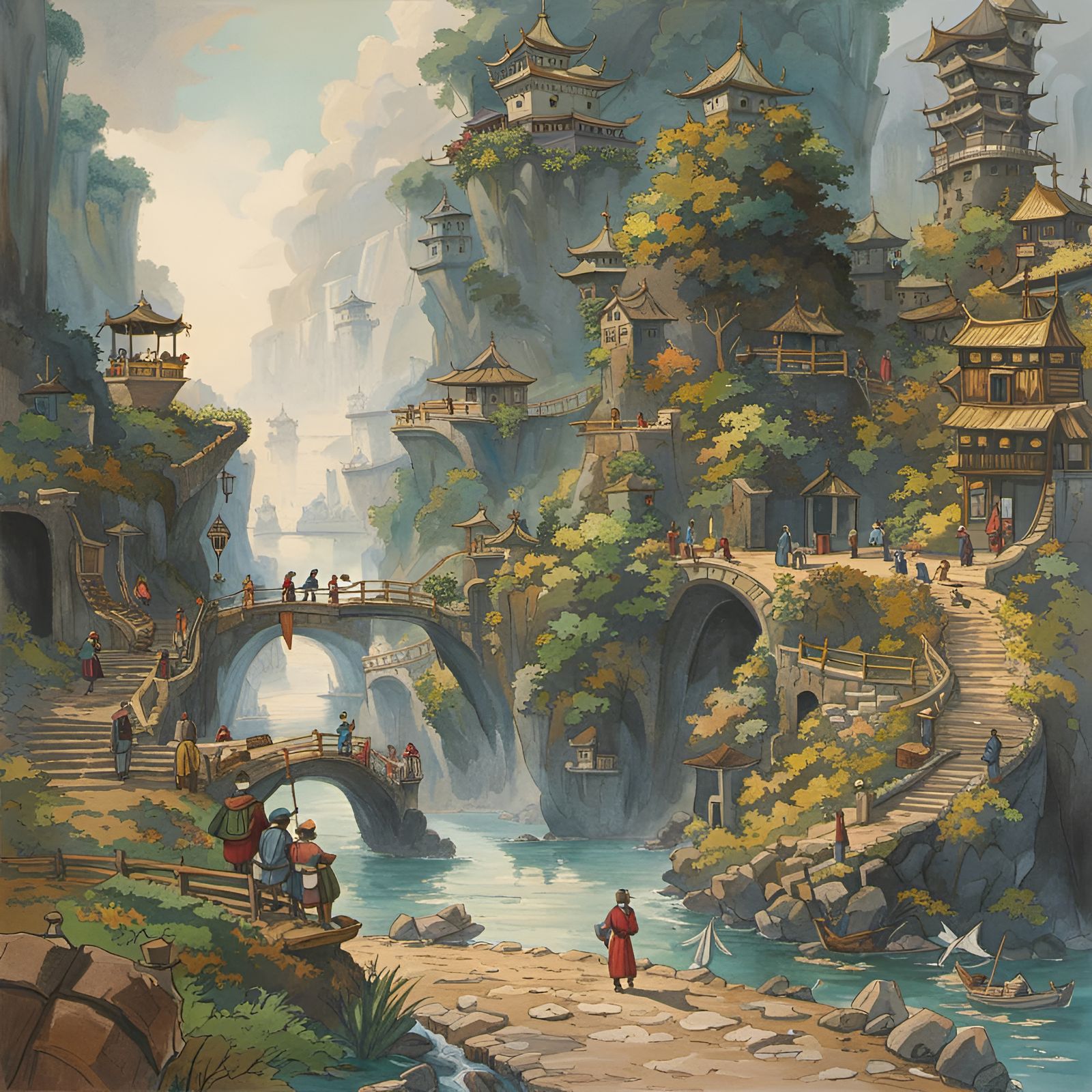 Medieval City in Forest: Watercolor by Studio Ghibli