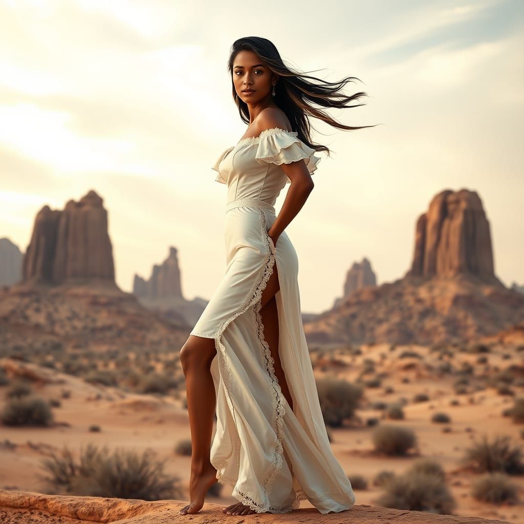 Indian Woman in Desert Landscape: Photo-Realistic Vintage St...