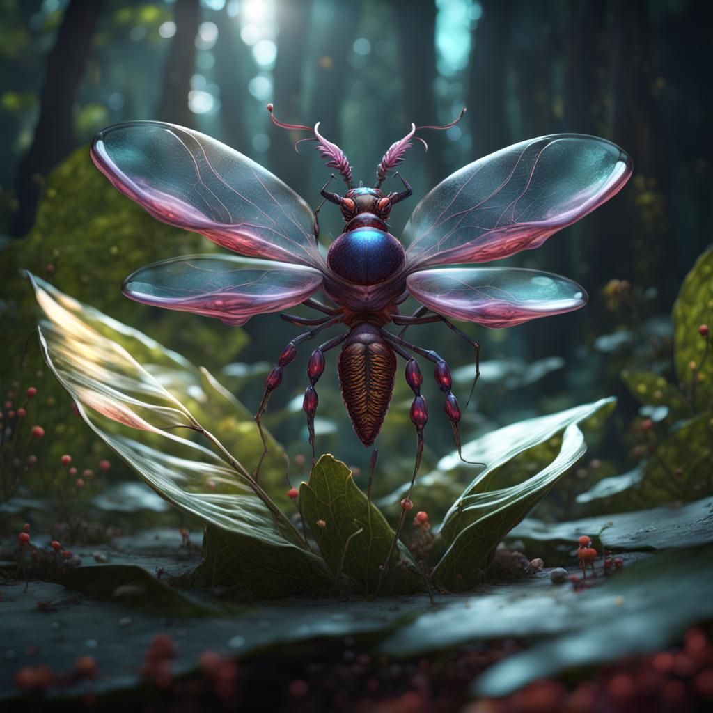 Glass Flower with Magical Insects, Detailed Matte Painting