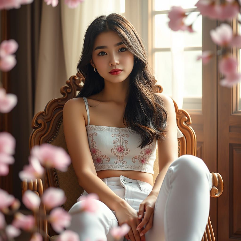 Young Japanese Woman in Ornate Chair with Cherry Blossoms
