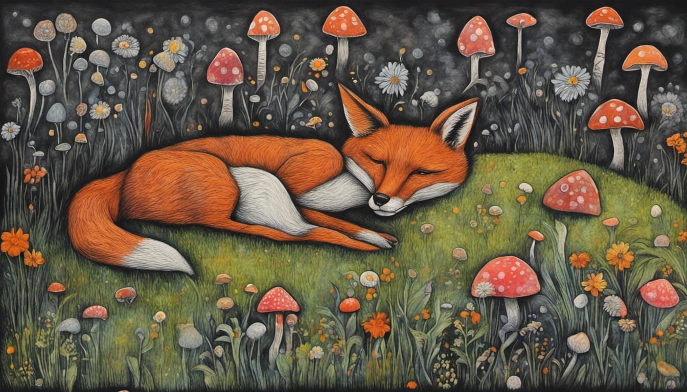 Fox Sleeping in Psychedelic Apocalypse Landscape