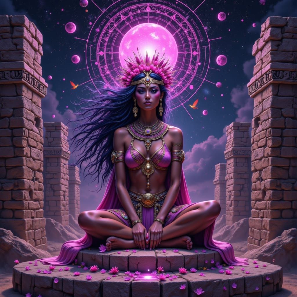 Mesopotamian Oracle Between Ziggurats in Tarot Frame