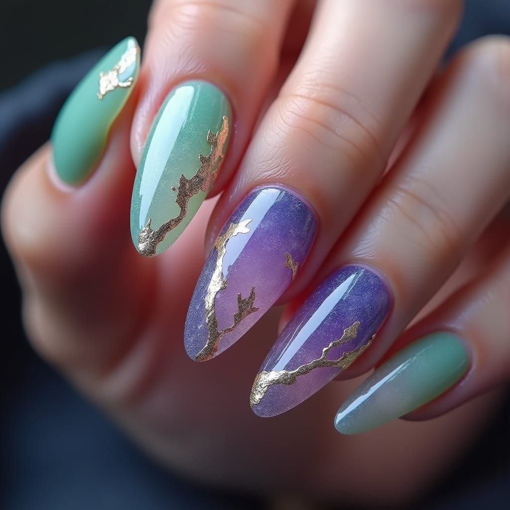 Intricate Ombre Almond Nails with Gold Accents