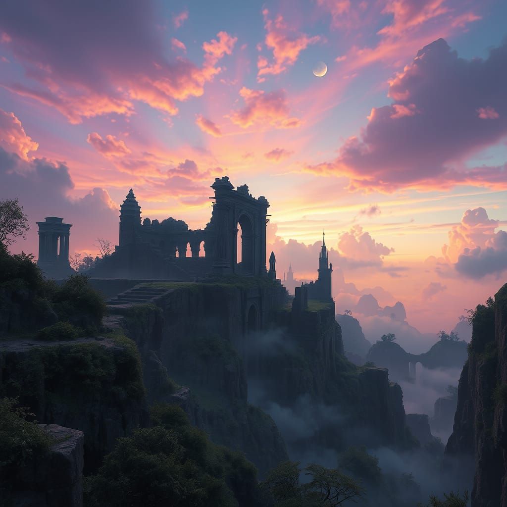 Ancient Cityscape in Vibrant, Gradient Skies