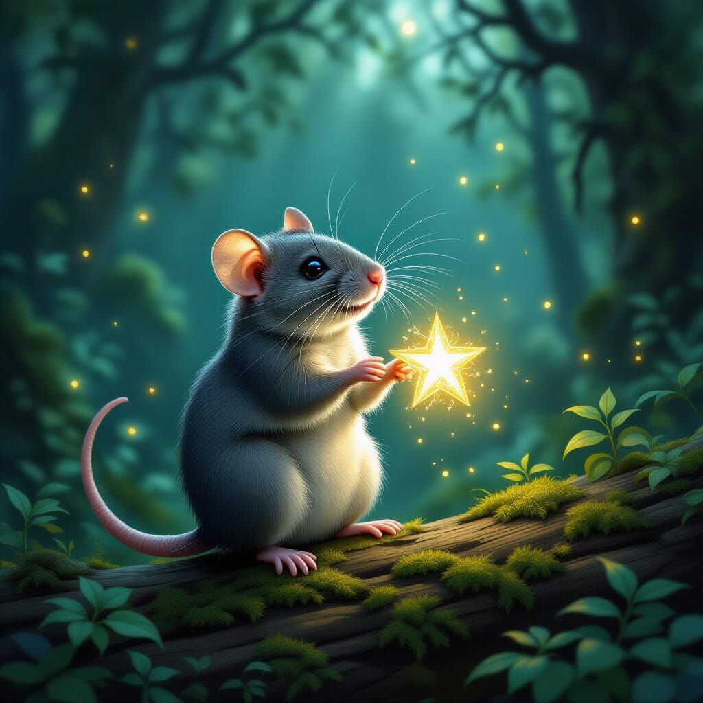 Magical Rat Holds Glowing Star in Moonlit Forest