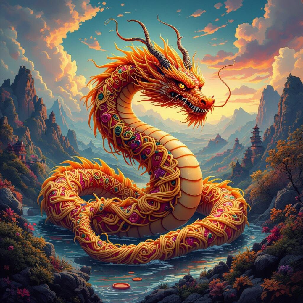 Magnificent Pasta Dragon in Dreamlike Landscape