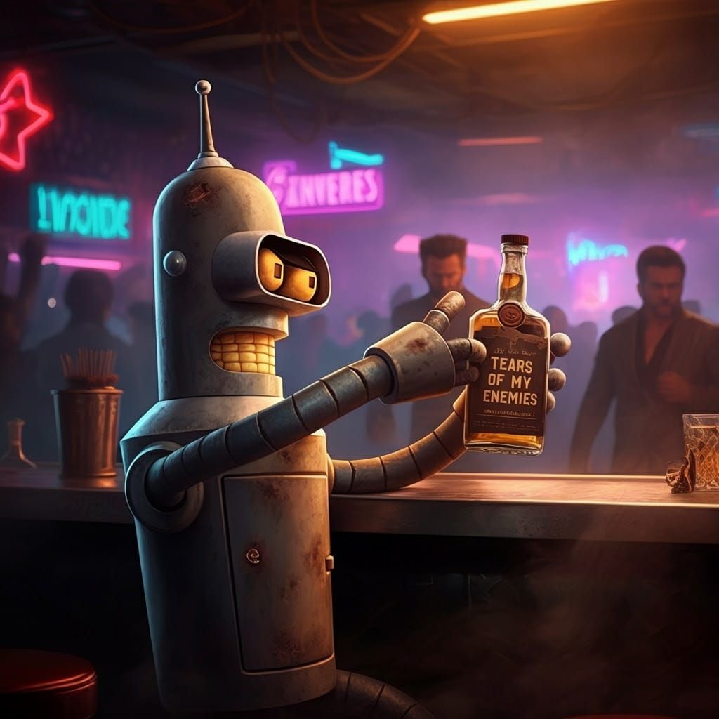 Cyberpunk Robot Bender Sits in Futuristic Bar, Surrounded by...