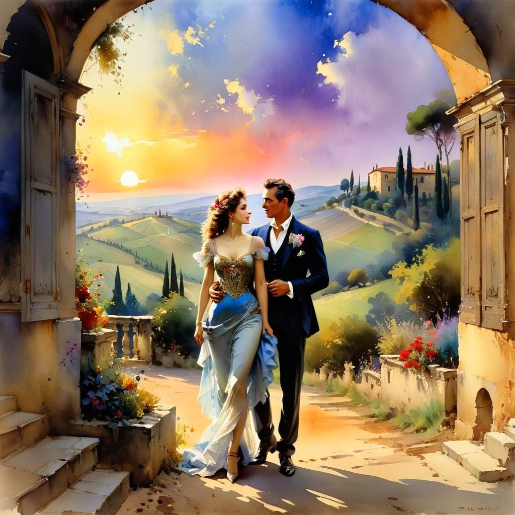 Couple in Tuscany at Sunrise, Baroque Style