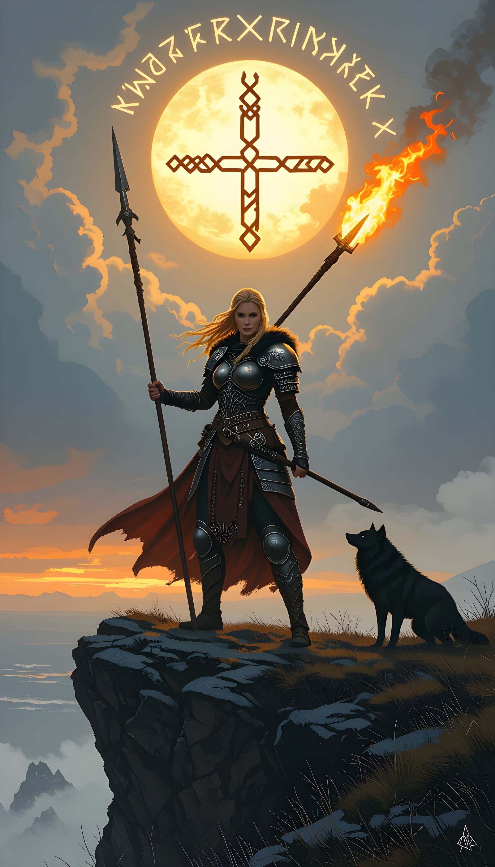 Norse Warrior Woman with Flaming Spear and Runes