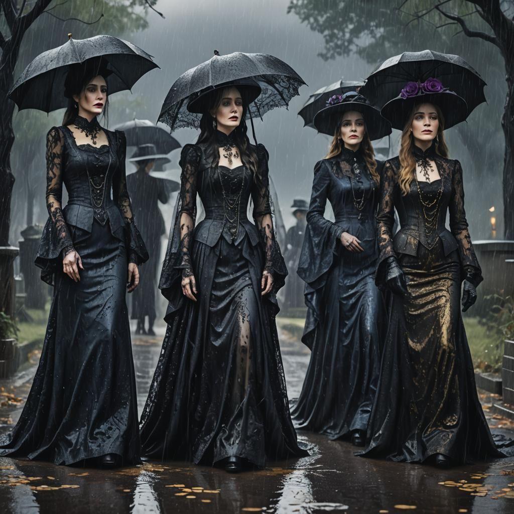 Gothic Mourning: Women in Rain, Dark Fantasy Art