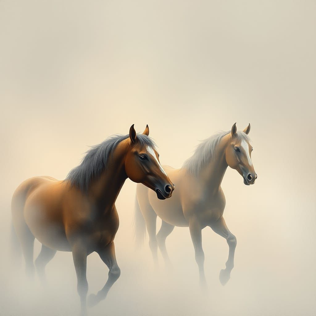 Ethereal Horses in Misty Veil, Dreamlike Pastel Art
