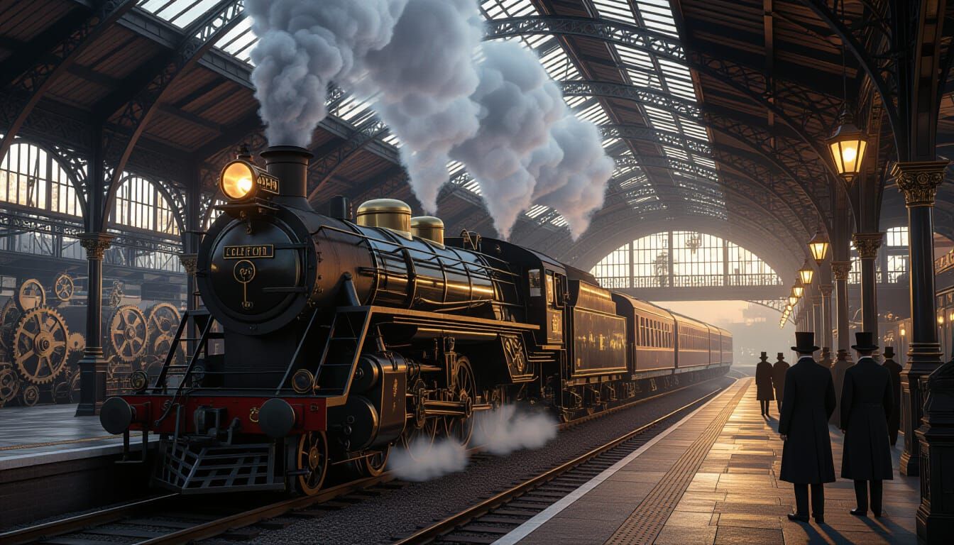Steampunk Steam Train Arrives at Gearford Station at Dusk