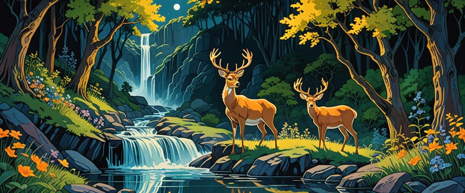 Magical Waterfall Scene with Deer in Comic Book Style