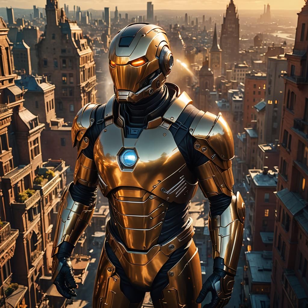 Ant in Iron Suit Gazing at Sun in Cityscape