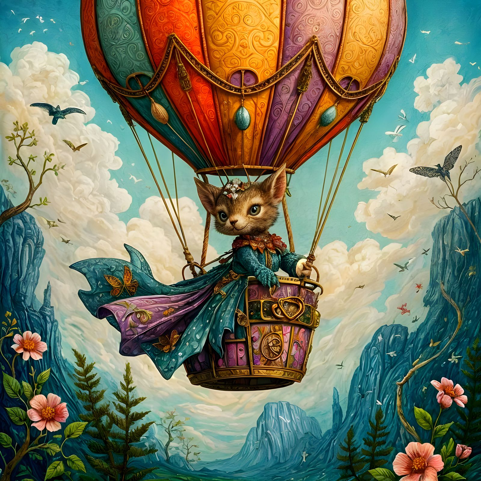 Woodland Creature Gliding in Hot Air Balloon Illustration