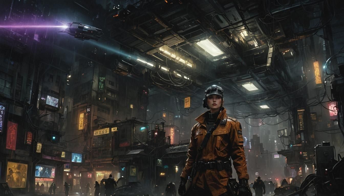 Cyberpunk Mechanic Holding Flare in City
