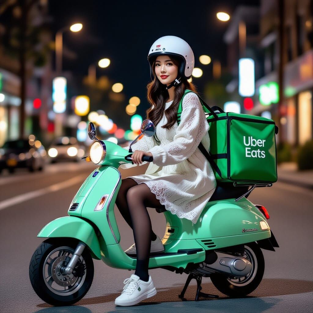 Elegant Woman on Mint Scooter at Night in Cinematic Glow