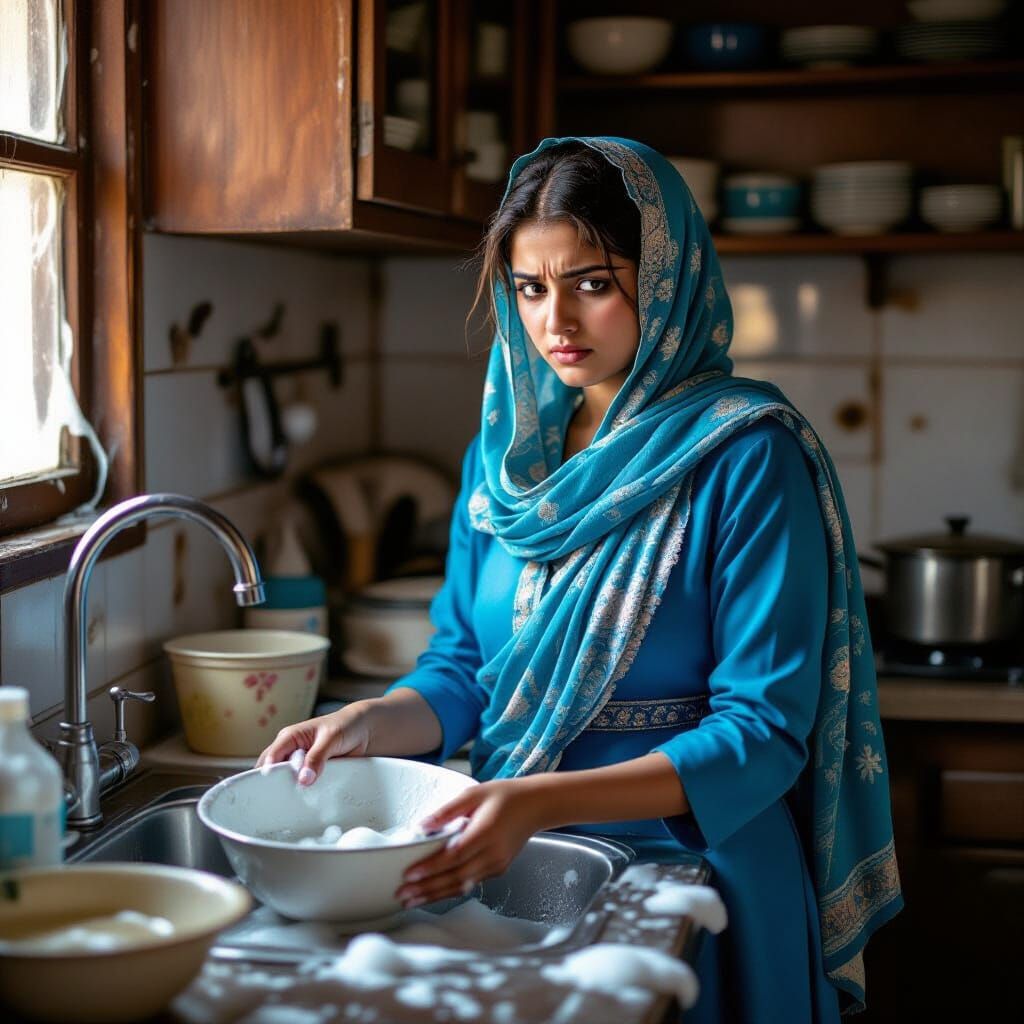 Pakistani Girl Washing Dishes in Realist Style