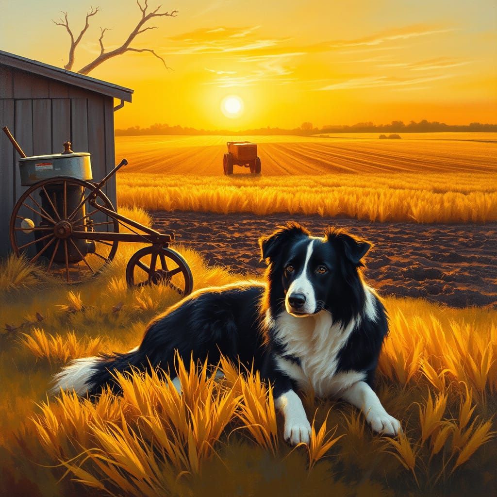 Tranquil Sunset Scene with Rustic Farm Equipment and Golden....