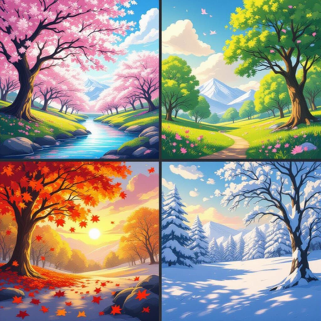 Four Seasons Landscape in Studio Trigger Manga Style