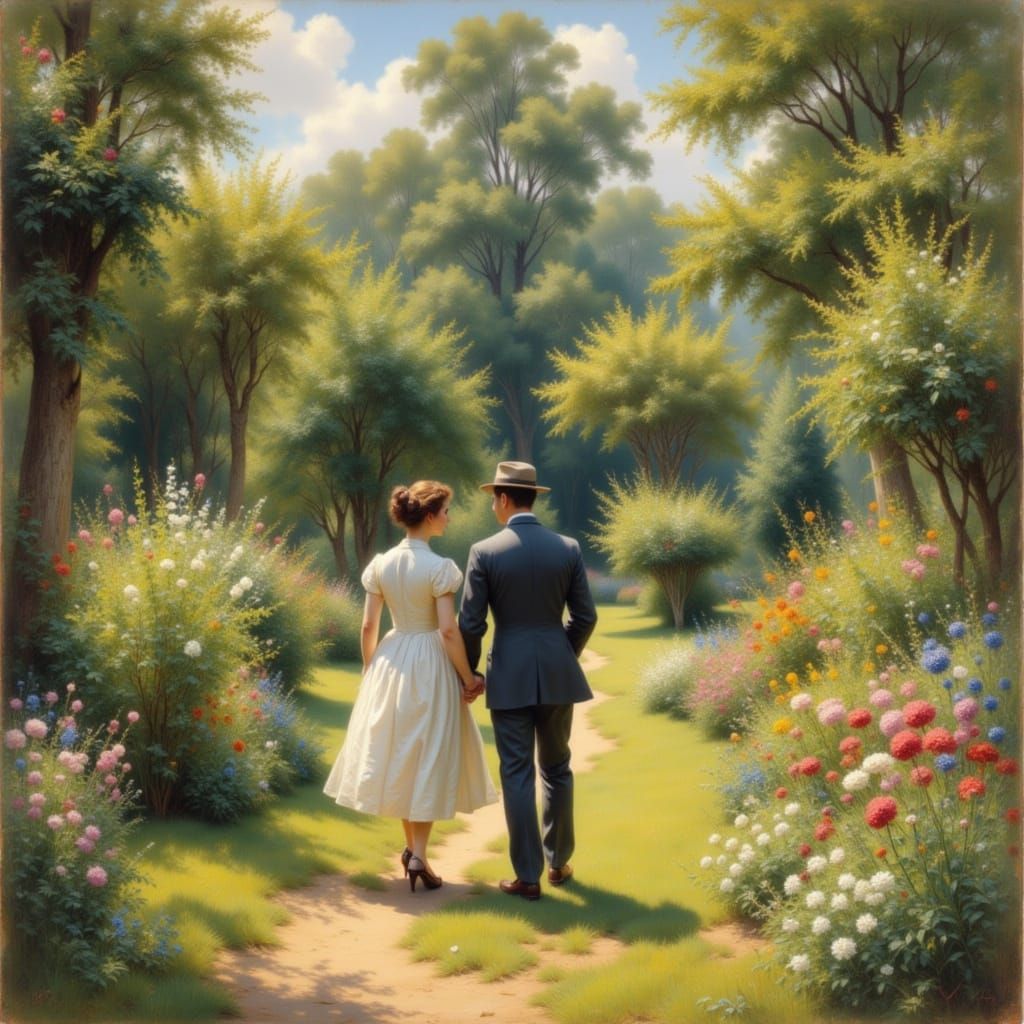 1940s Couple Strolls Through Lush Garden in Impressionist St...