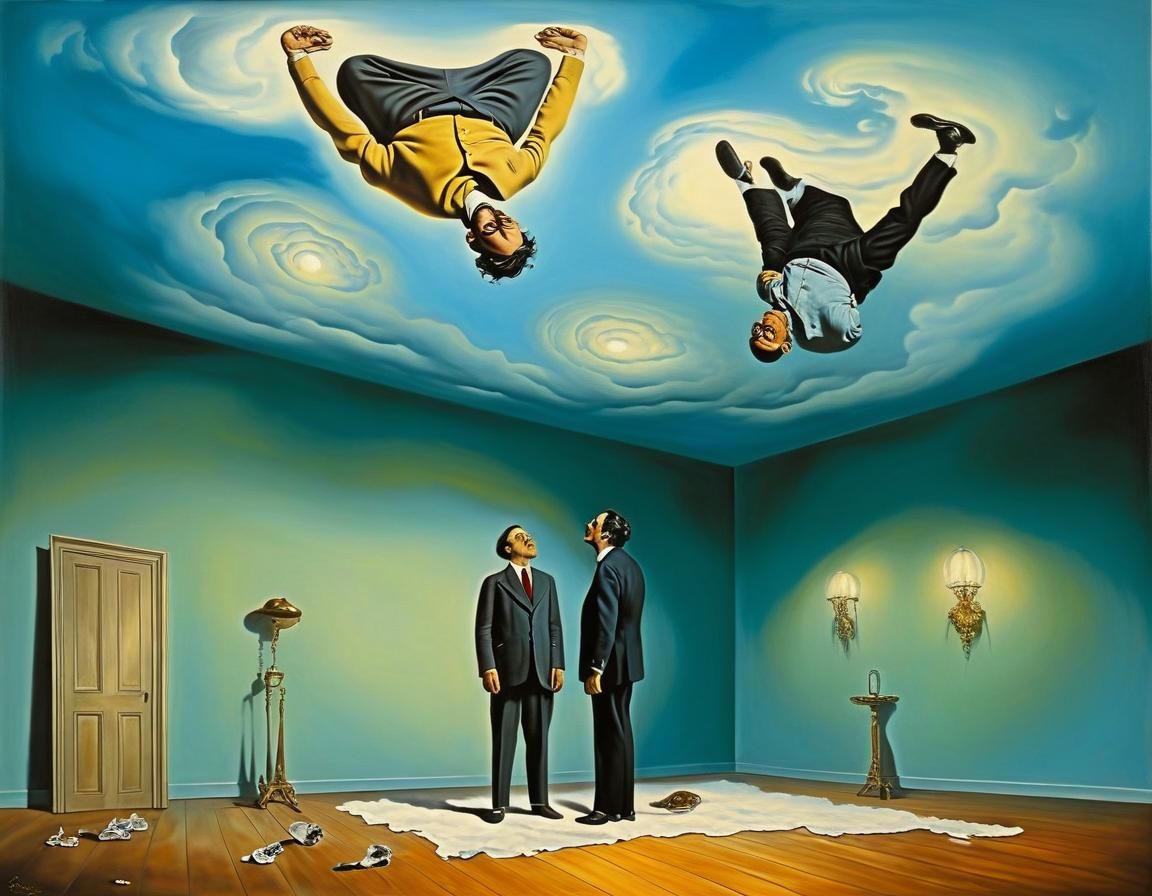 Surreal Men in Room, Dali-esque Oil Painting