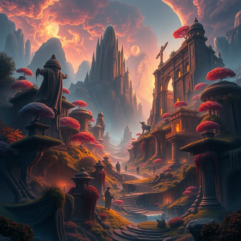 Mystical Forest Landscape with Ancient Ruins in Fantasy Art