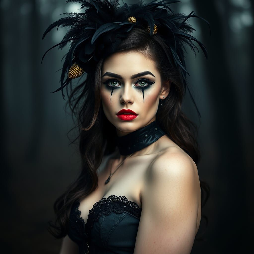 femme gothique dans une forêt brumeuse au crépuscule.