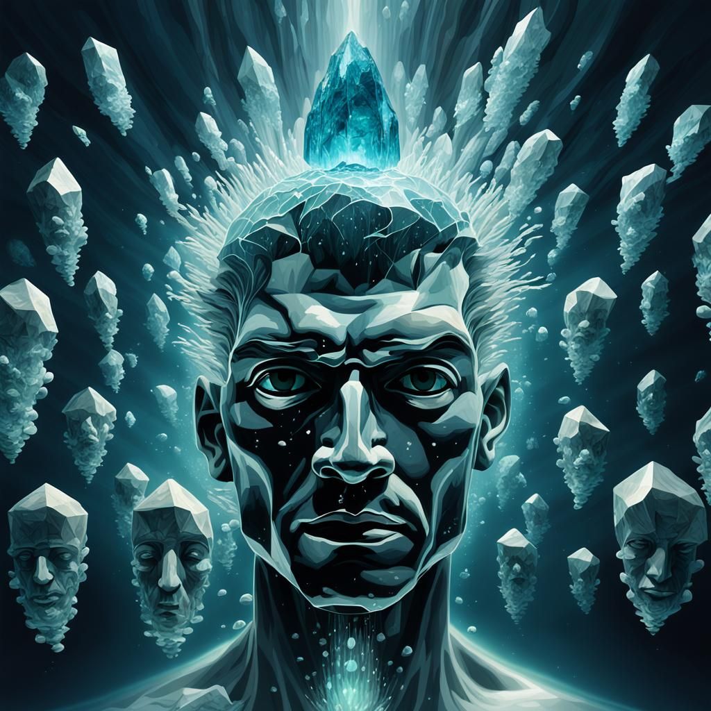 Luminescent Crystal Head Floating in Symbolic Seascape