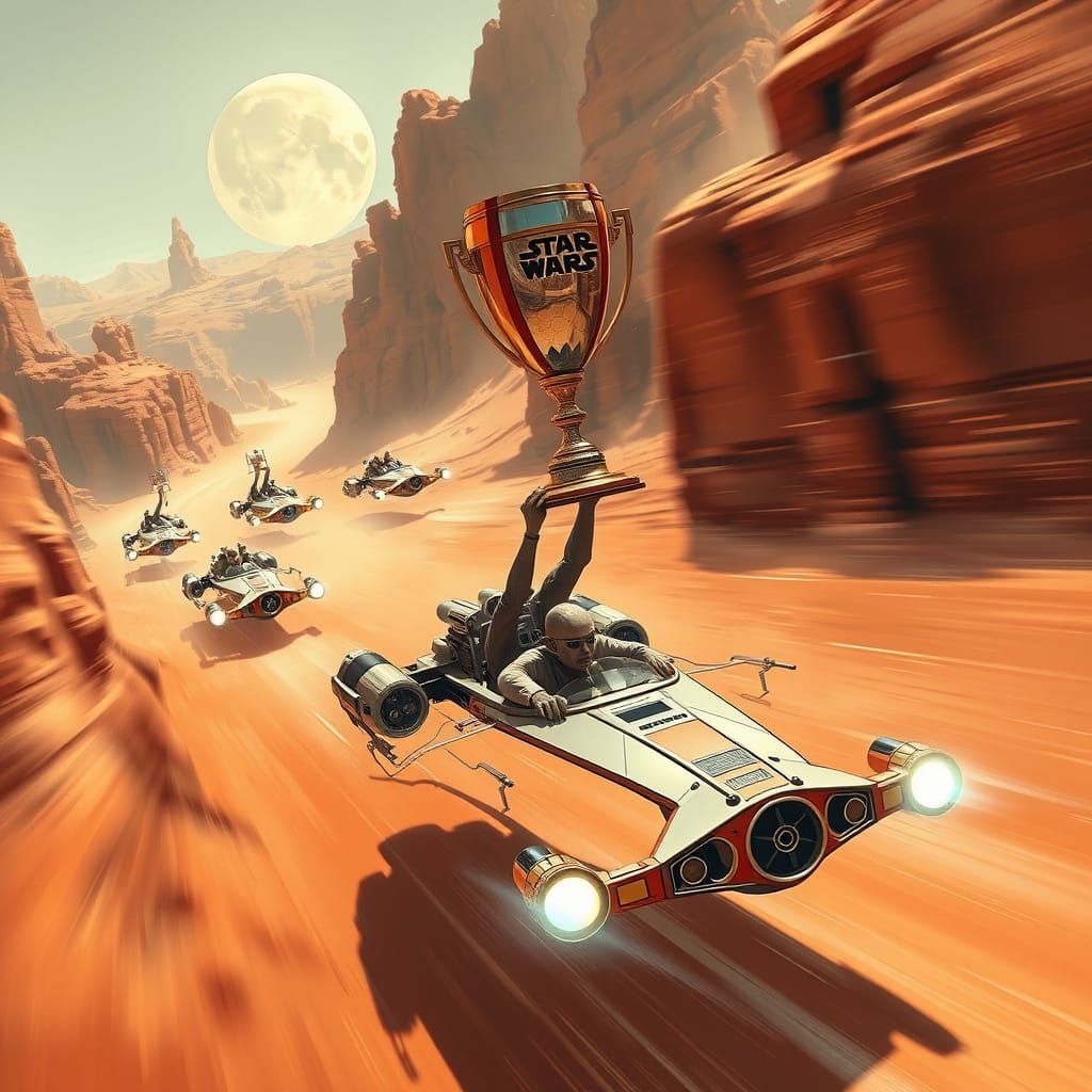 Sleek Podracers Speed Through Tatooine Canyon in a Star Wars...