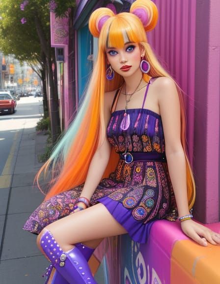 Cute Hippie Chick in 1960s Psychedelic Style