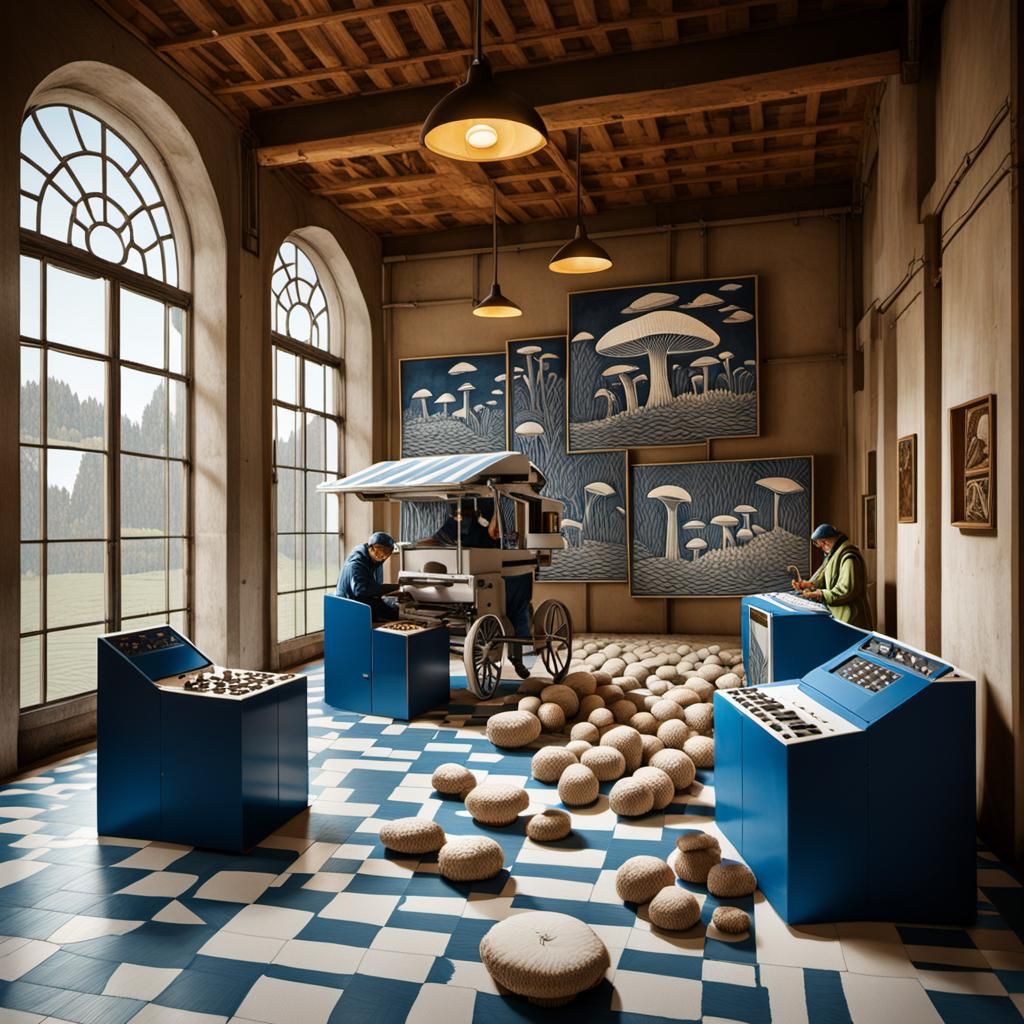 Activists Tending Mushrooms: Blue and White Linocut