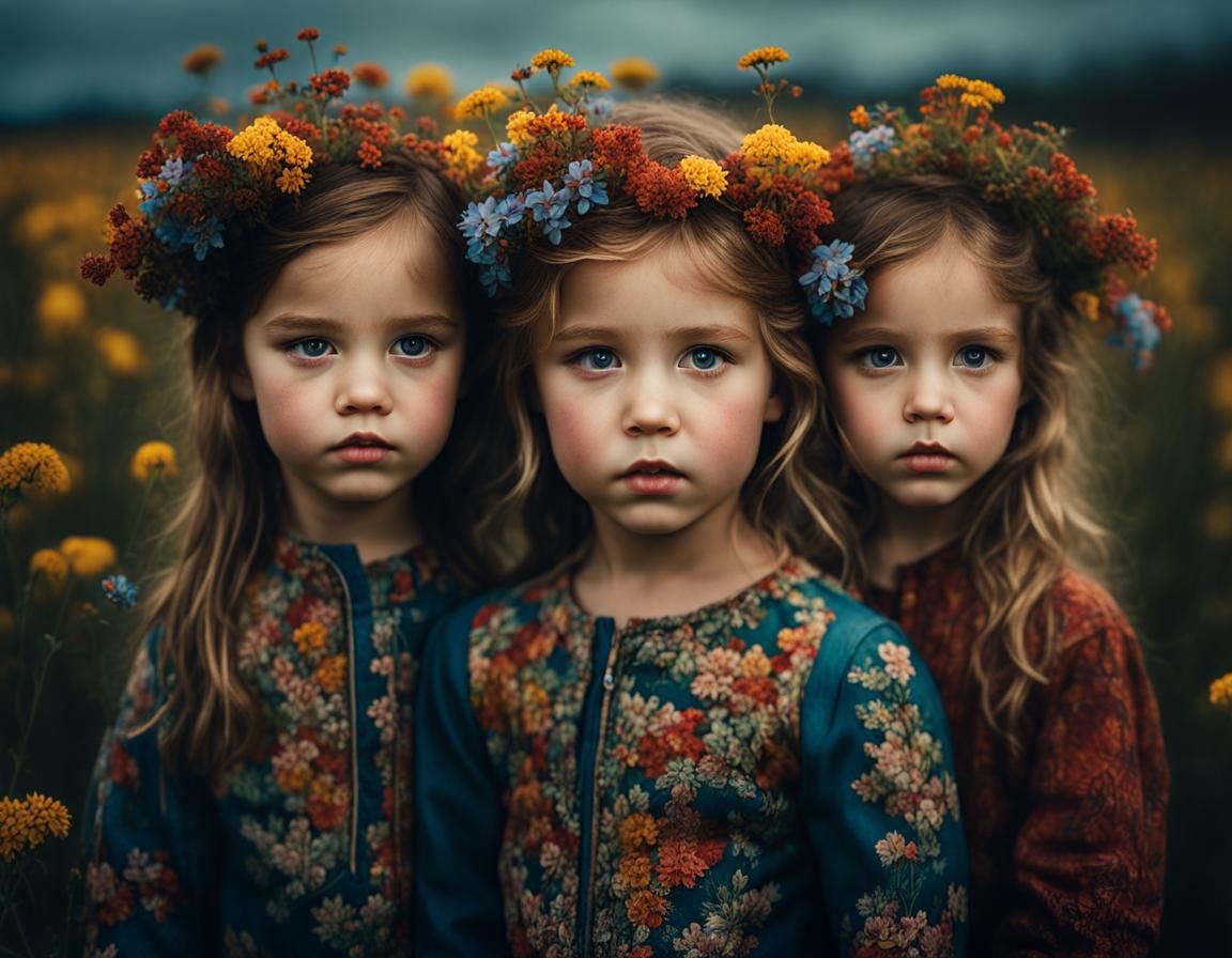Siblings Embrace Amidst Autumn Wildflowers in Intricately De...